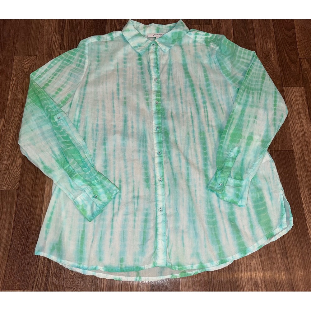 Foxcroft NYC Green Tie Dye Stripe Cotton Button‎ Up Shirt Relaxed Fit Size 8